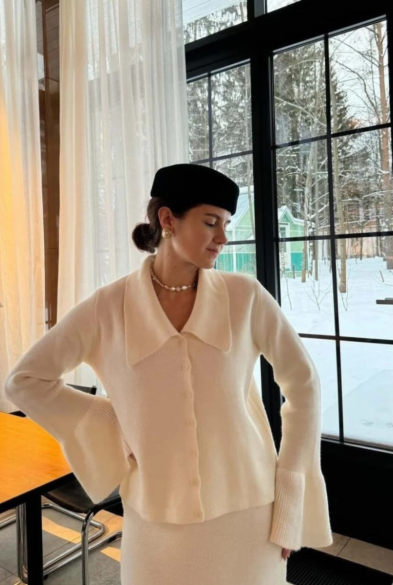 bell-sleeve-pink-polo-collar-cardigan-straight-skirt-two-piece-set