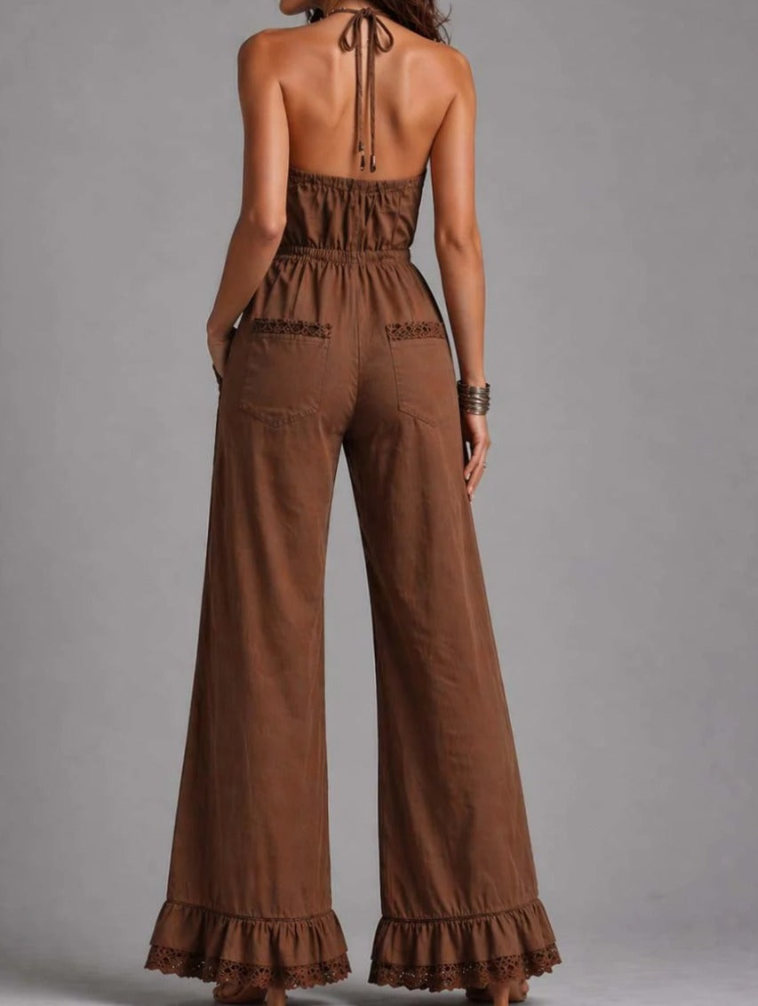 vintage-brown-lace-trim-halter-neck-flared-jumpsuit