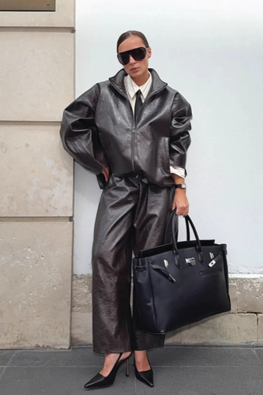 chic-solid-patent-leather-stand-collar-jacket-skirt-two-piece-set