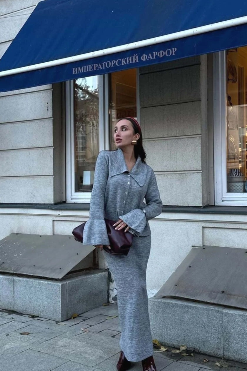 bell-sleeve-pink-polo-collar-cardigan-straight-skirt-two-piece-set