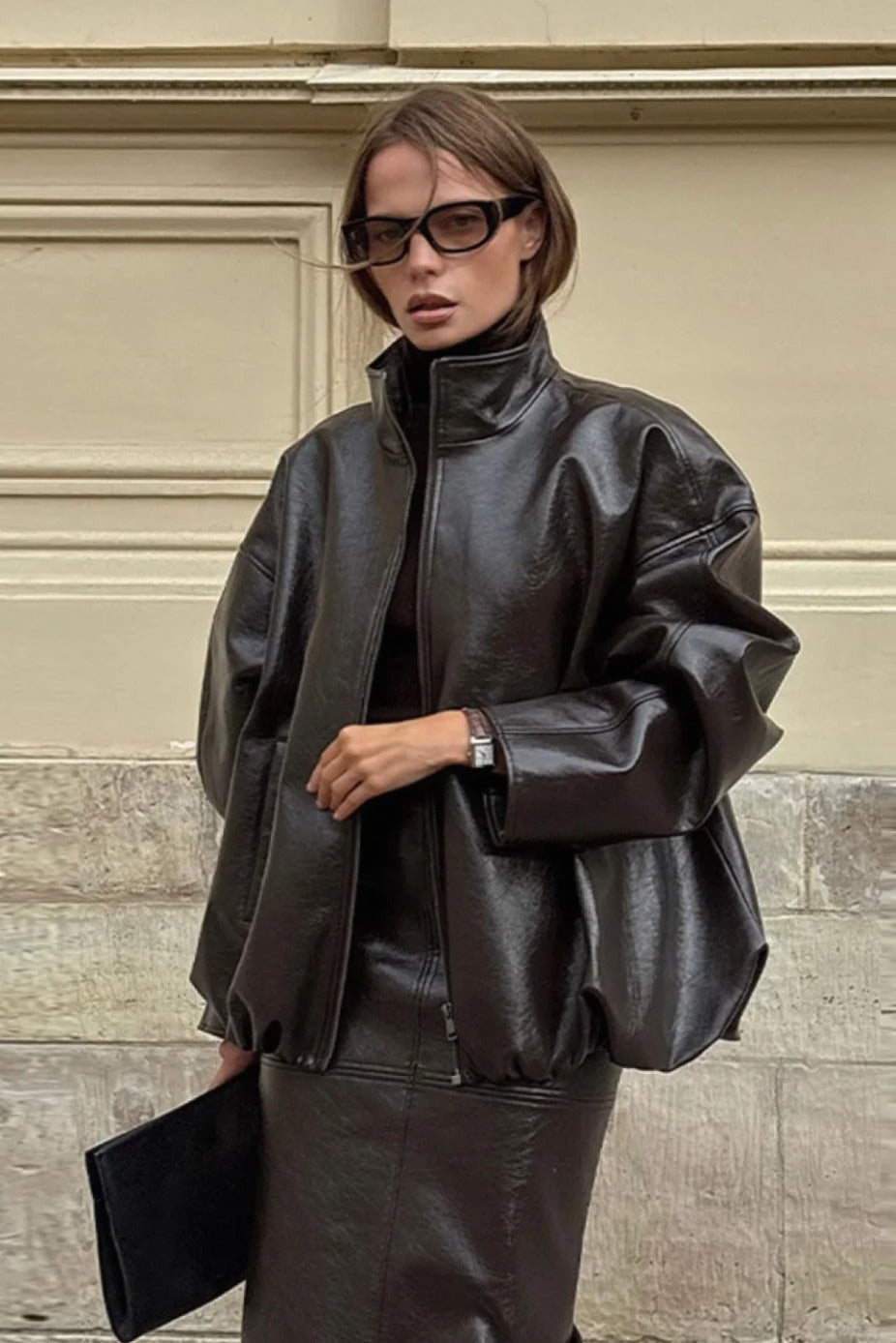 chic-solid-patent-leather-stand-collar-jacket-skirt-two-piece-set