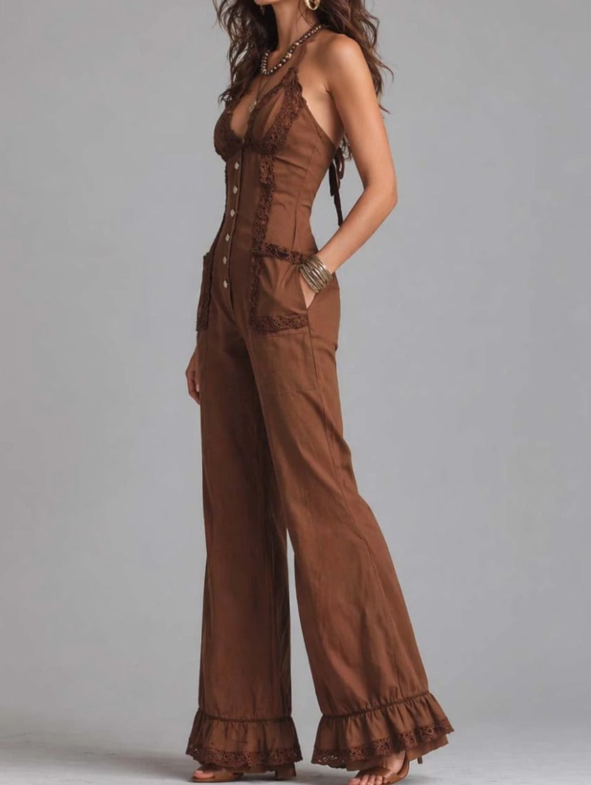 vintage-brown-lace-trim-halter-neck-flared-jumpsuit
