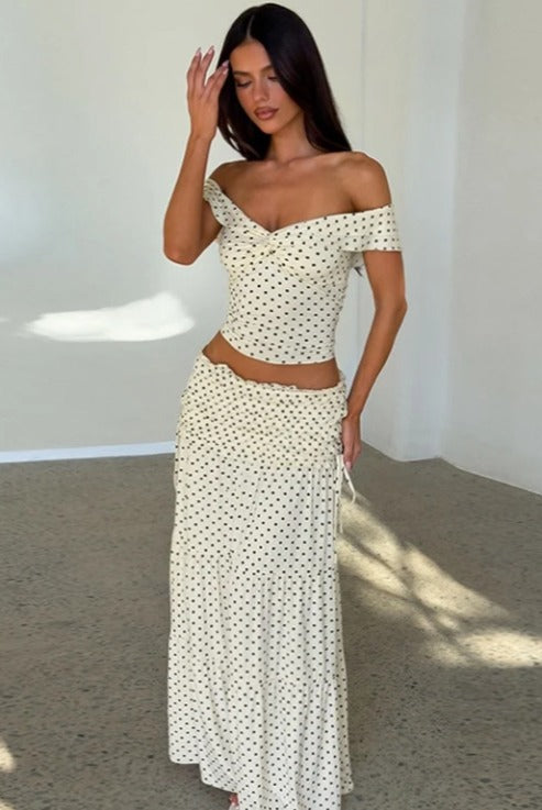 polka-dot-strapless-side-bow-maxi-skirt-set