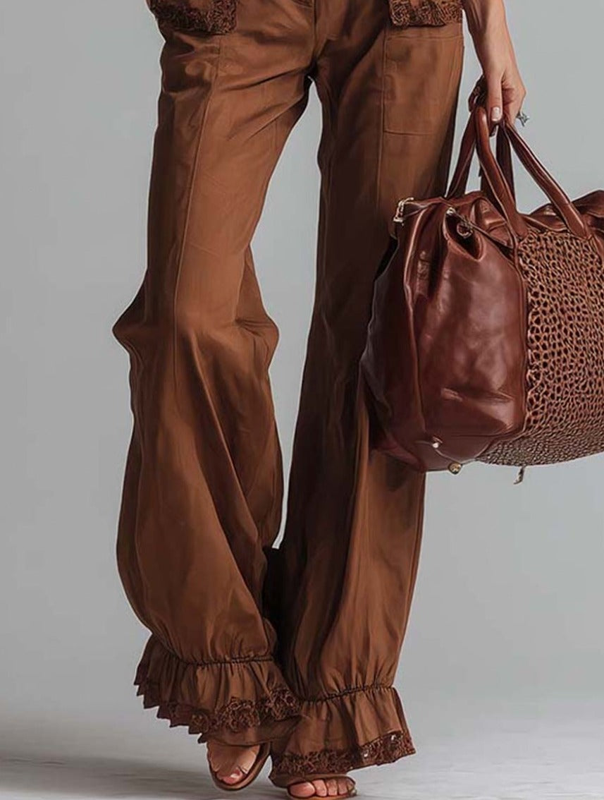 vintage-brown-lace-trim-halter-neck-flared-jumpsuit