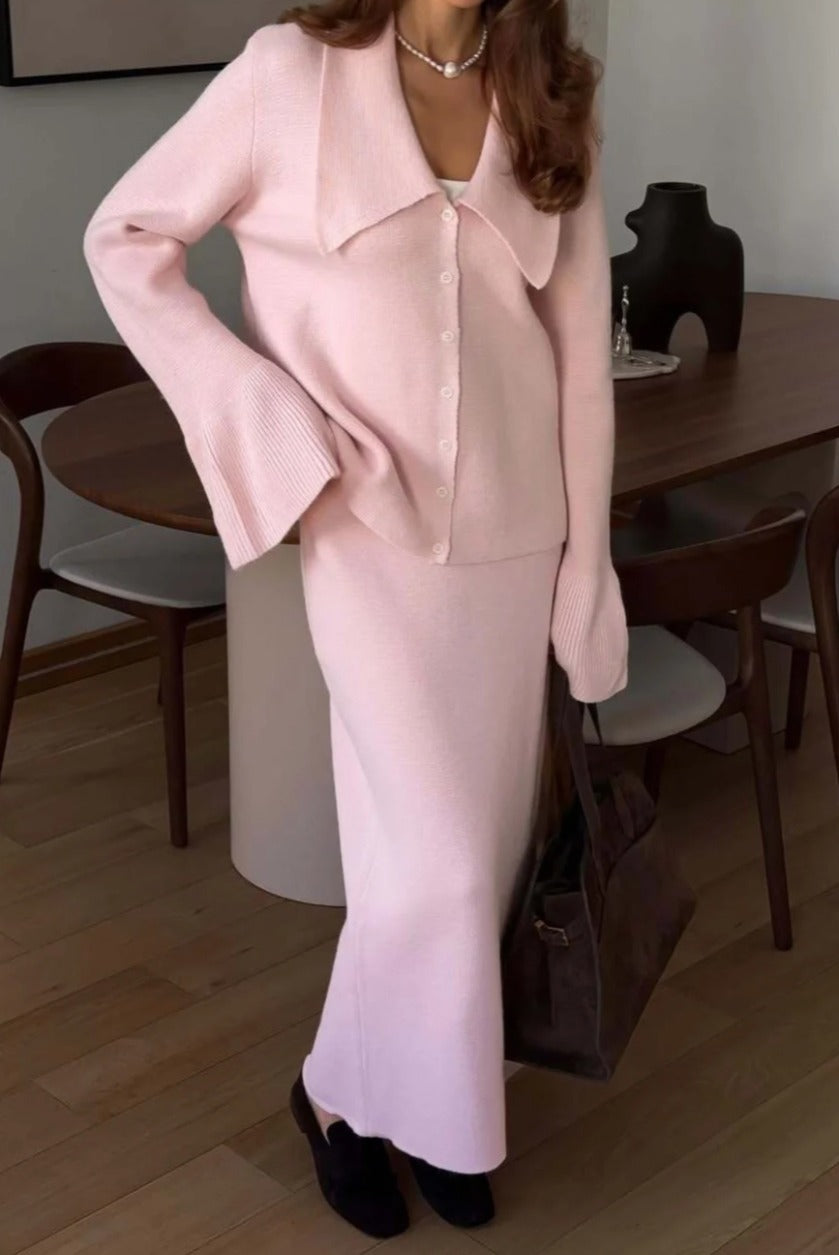 bell-sleeve-pink-polo-collar-cardigan-straight-skirt-two-piece-set