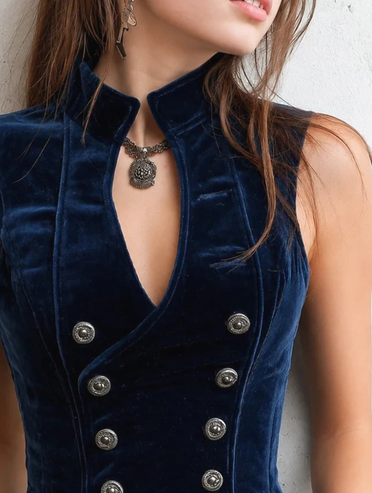 vintage-stand-collar-button-velvet-vest