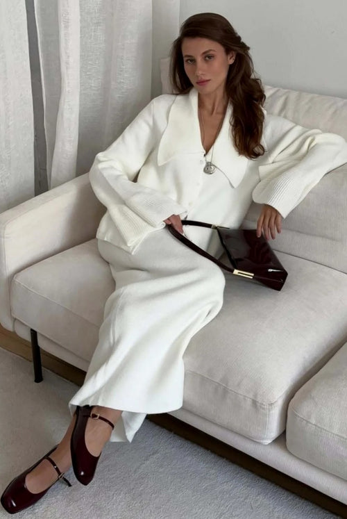 bell-sleeve-pink-polo-collar-cardigan-straight-skirt-two-piece-set