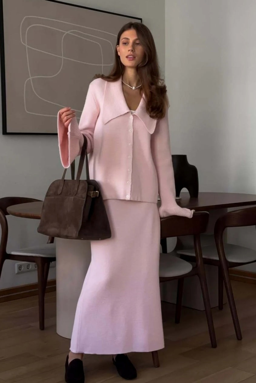 bell-sleeve-pink-polo-collar-cardigan-straight-skirt-two-piece-set