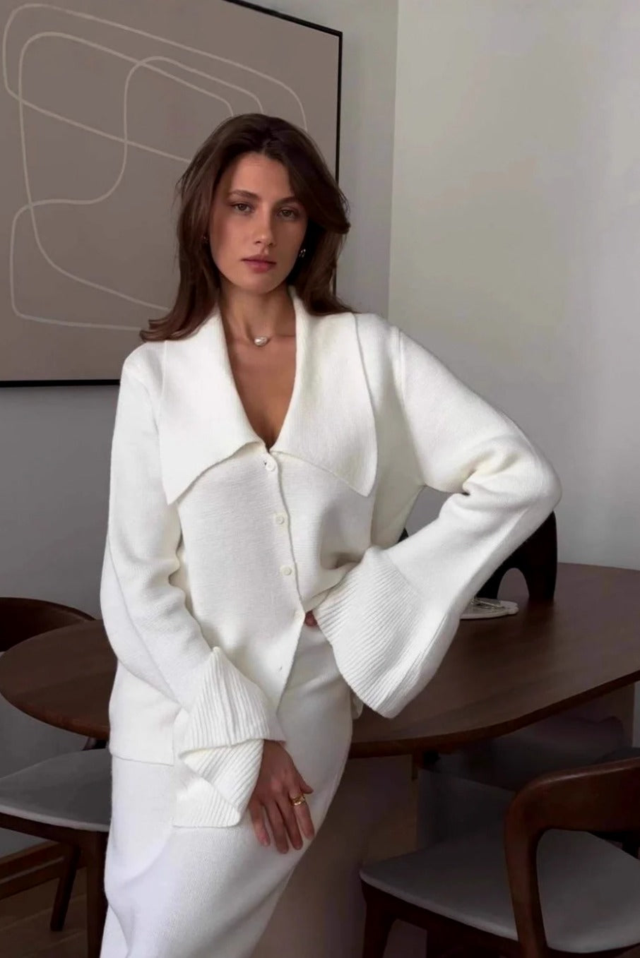 bell-sleeve-pink-polo-collar-cardigan-straight-skirt-two-piece-set