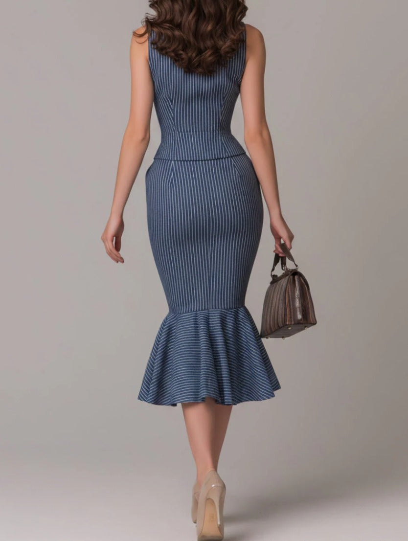 shirt-collar-striped-panel-vest-fishtail-skirt-set
