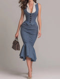 shirt-collar-striped-panel-vest-fishtail-skirt-set