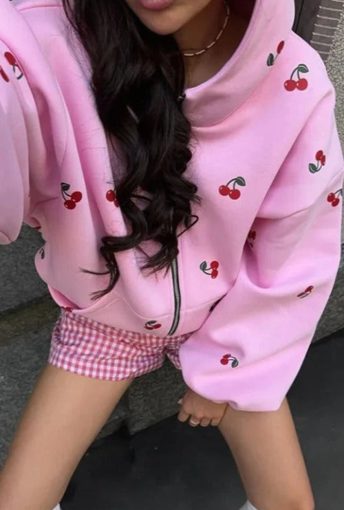 db-cherry-print-zip-up-hoodie