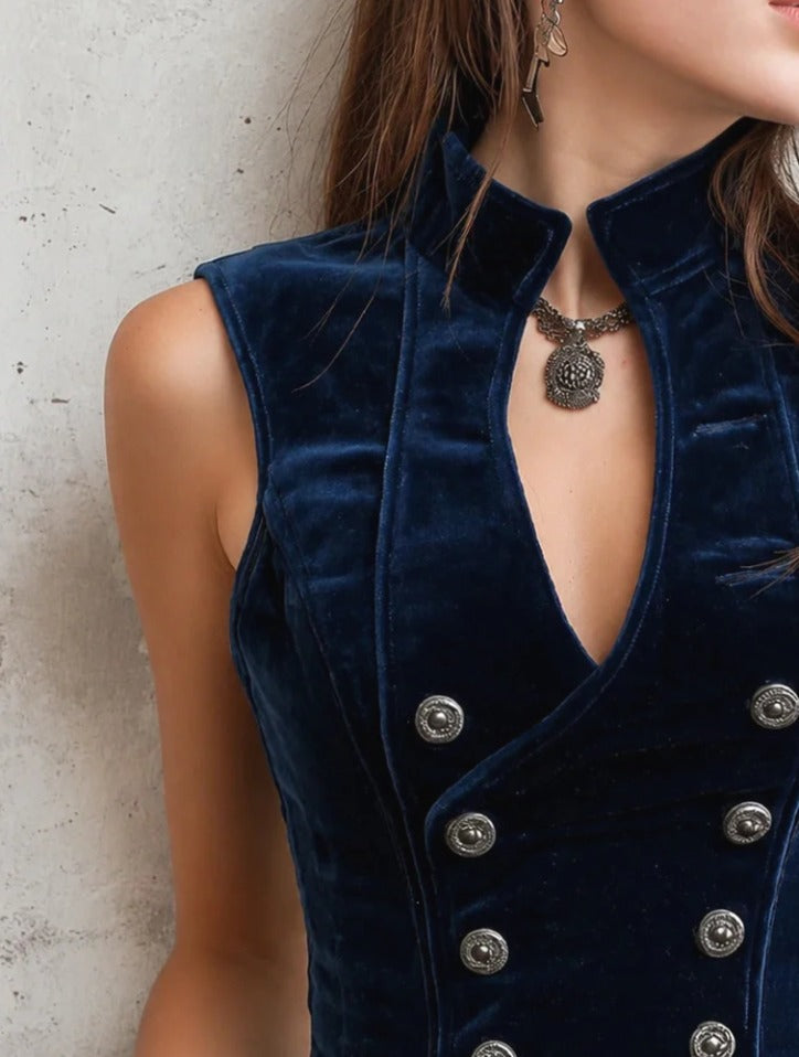vintage-stand-collar-button-velvet-vest