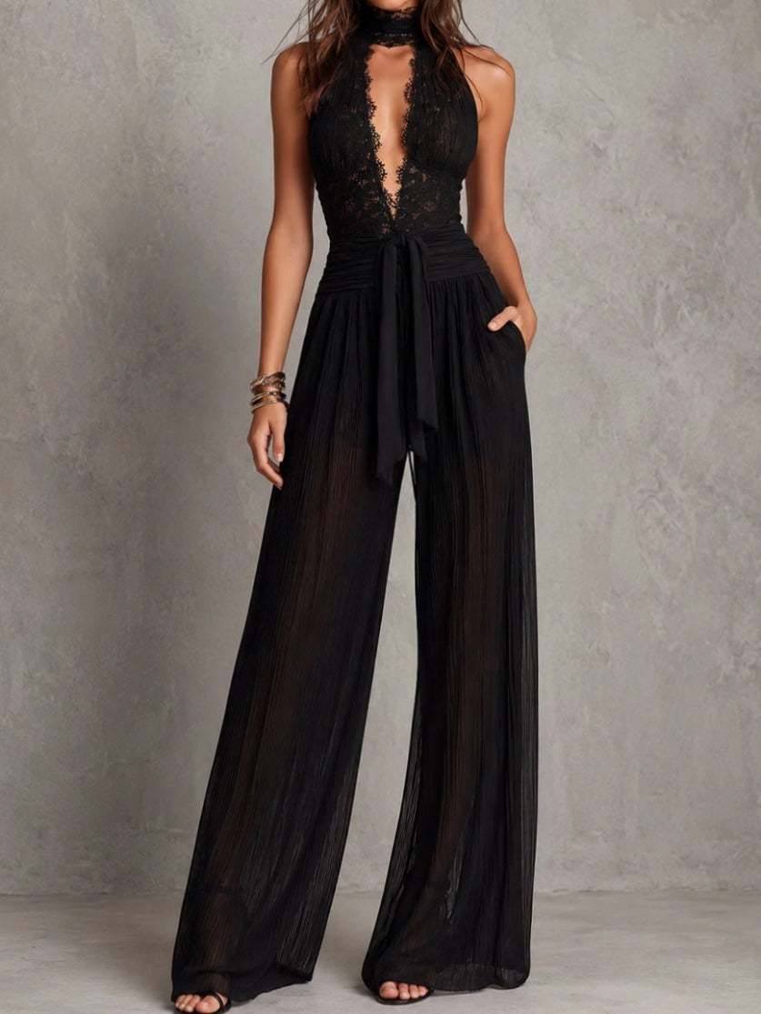 boho-romantic-black-lace-halter-sheer-pleated-wide-leg-evening-jumpsuit