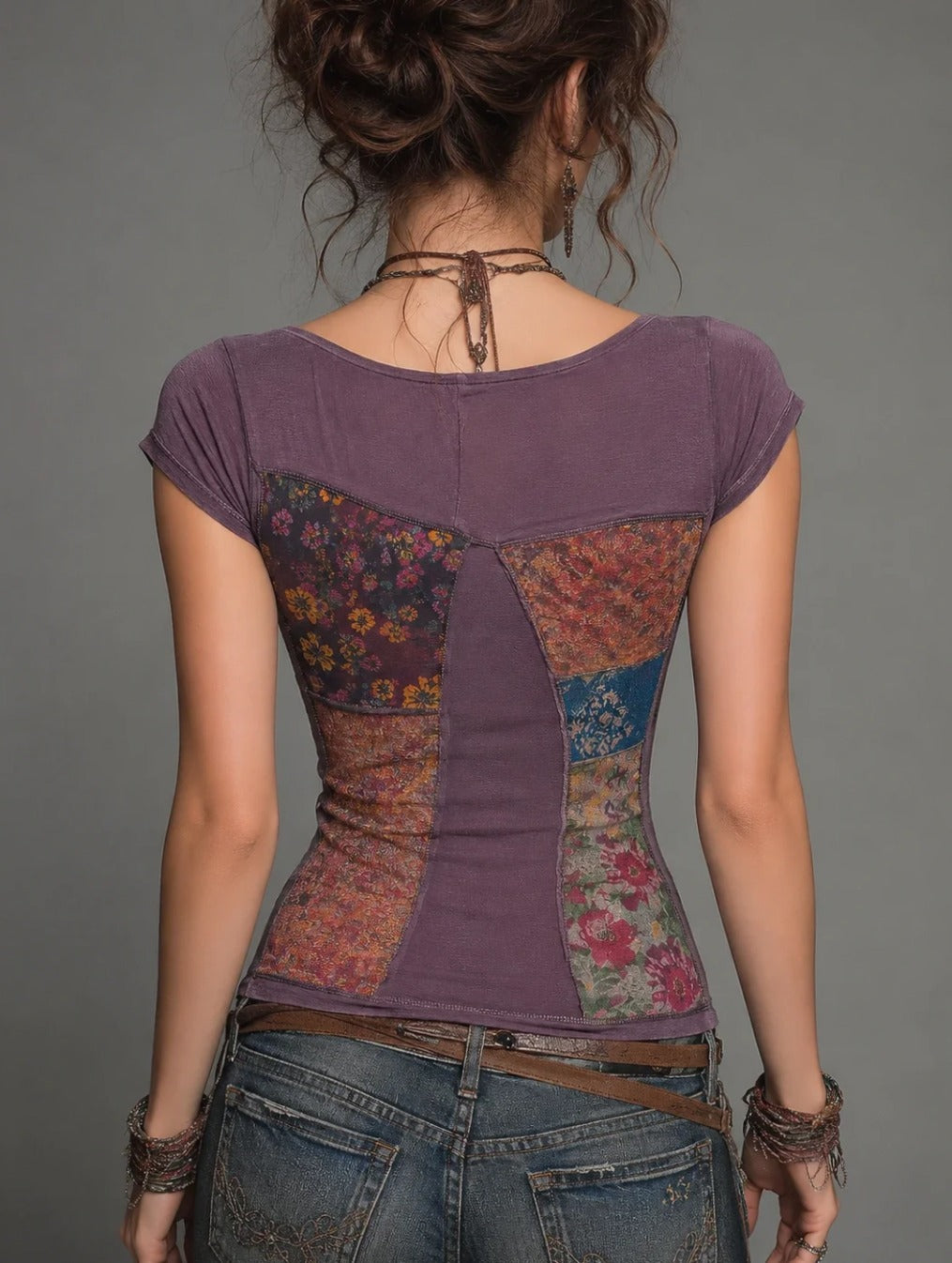 vintage-style-patchwork-print-draped-neck-short-sleeve-t-shirt