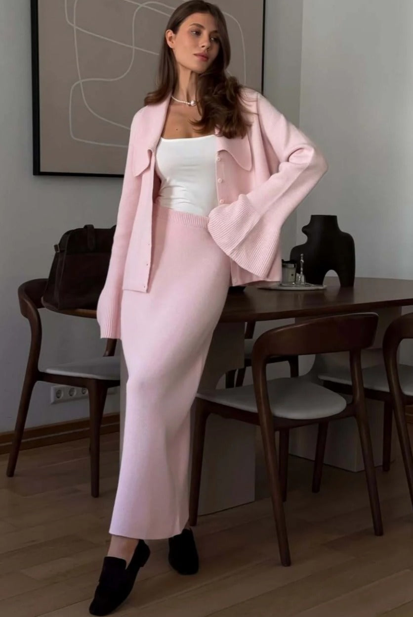 bell-sleeve-pink-polo-collar-cardigan-straight-skirt-two-piece-set