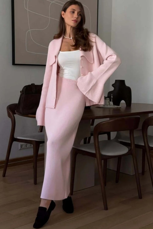 bell-sleeve-pink-polo-collar-cardigan-straight-skirt-two-piece-set