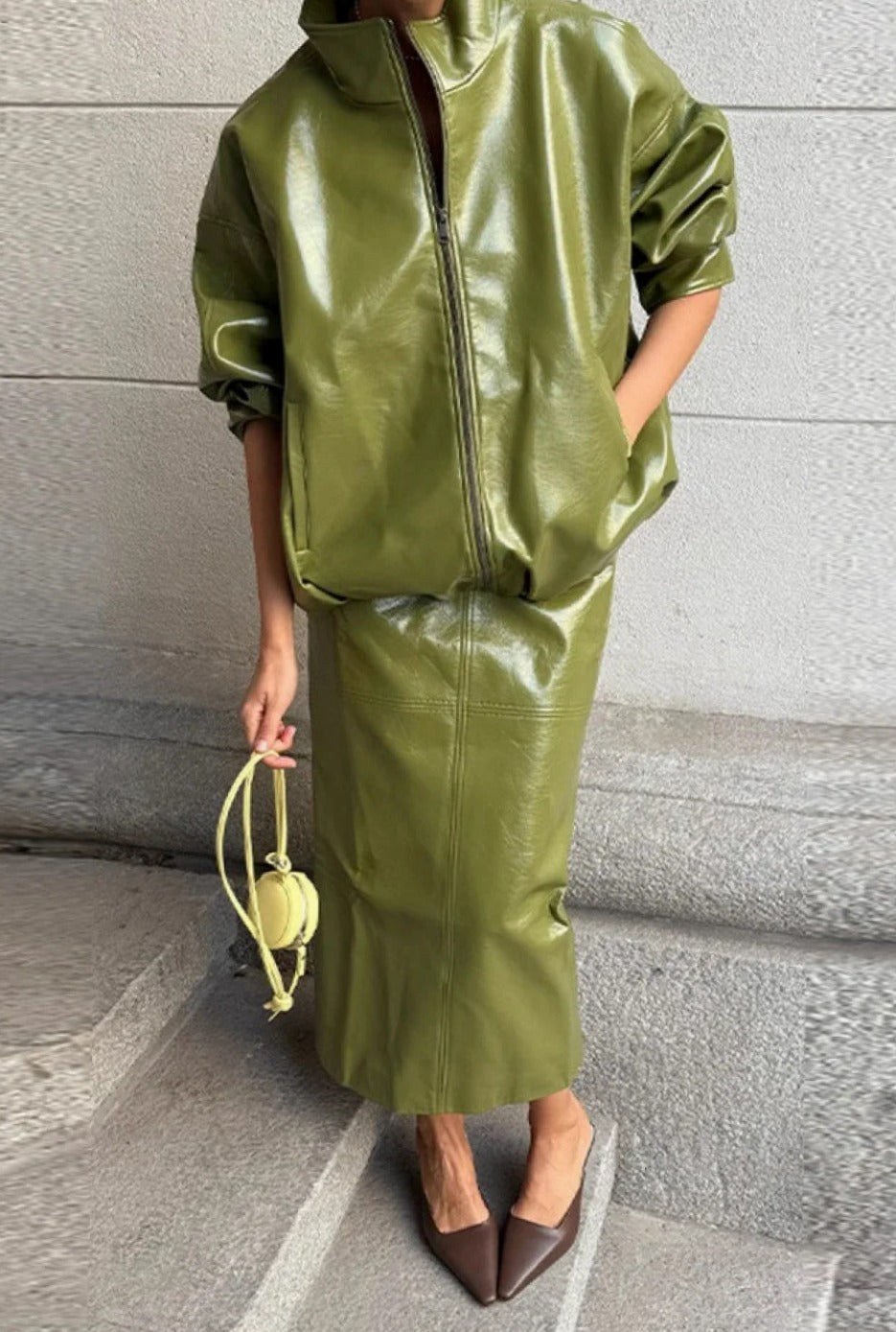 chic-solid-patent-leather-stand-collar-jacket-skirt-two-piece-set